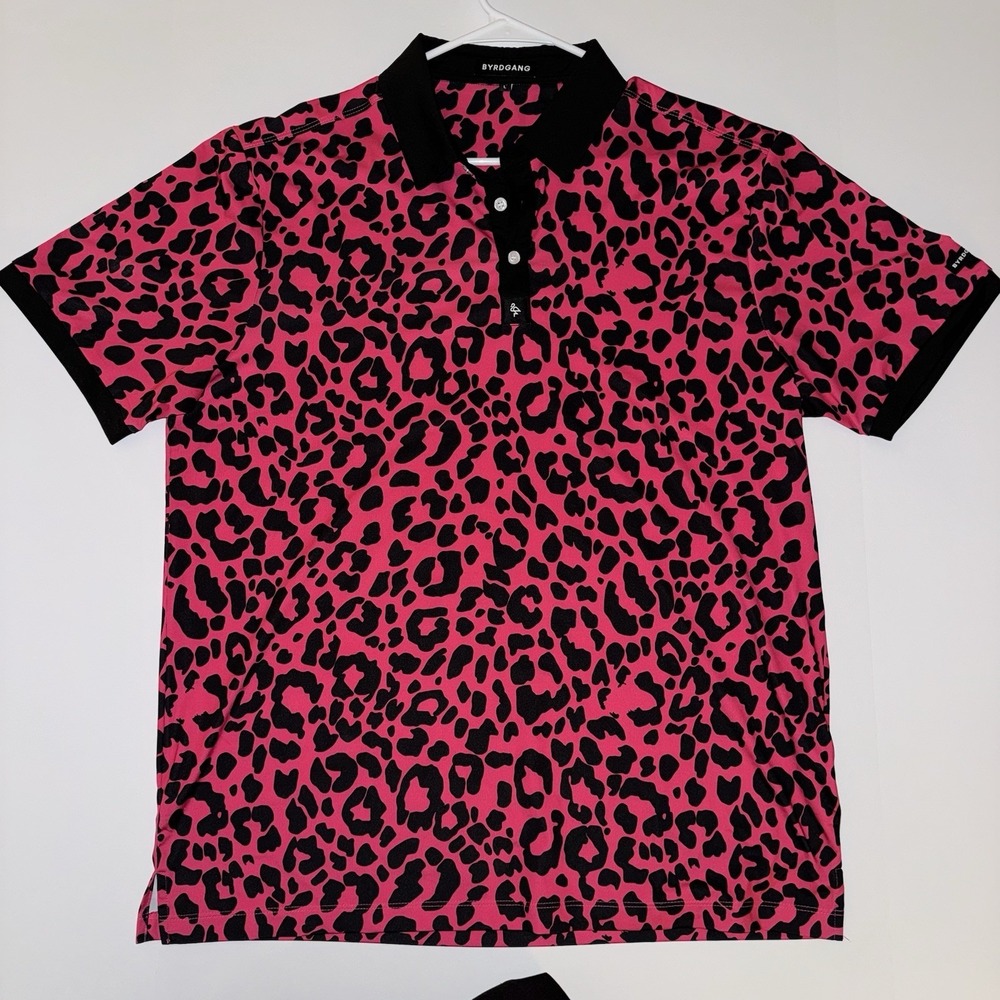 Men's Large BYRDGANG Performance Golf Polo Pink Black Animal Print Short Sleeve